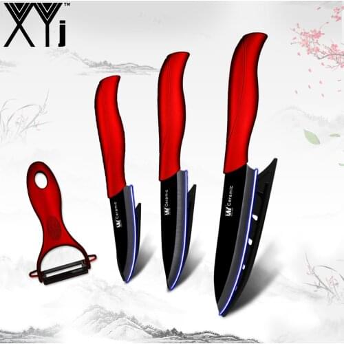 XYj Ceramic Kitchen Knives Sets 3 4 5 Inch Paring Utility Slicing Knife + Ceramic Peeler Finest Black Blade Wave Handle Knives