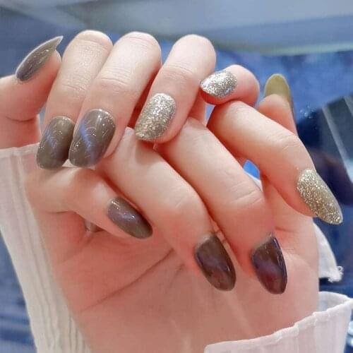 24pcs fake nails with design Simple and natural nude cat eye detachable wearing band finished product fails nails Manicure patch