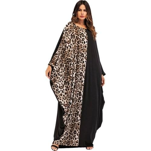 Womens Leopard Print Knitted Bat Sleeve Dress Muslim Abaya Ramadan Islamic Clothing