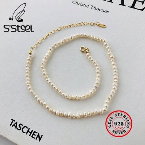 SSTEEL Baroque Pearl Necklaces 925 Sterling Silver Minimalist Gold Chain Choker Necklace For Women Collar Perlas Fine Jewelry