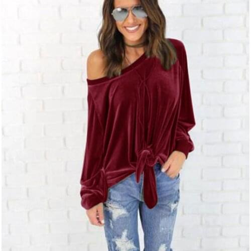 Sexy One Shoulder Velvet Tops Women Long Sleeve T Shirts Solid Warm Velvet Pullovers Womens Waist Bandage Loose Casual Tops