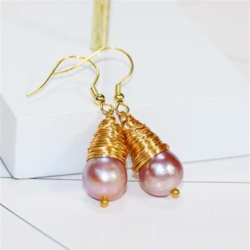 12-15mm Purple Baroque Pearl Earrings Gold Ear Drop Dangle Jewelry Luxury Natural Gift Earbob AAA Flawless Classic Cultured