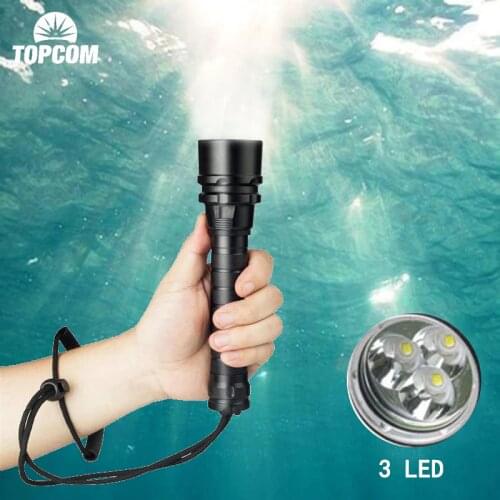 Topcom Professional IP68 Diving Flashlight Powerful 10W T6 LED Diving Light Highest Waterproof 3 LED Torch With Anti-skid Rope