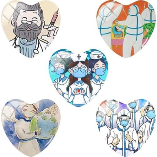 TAFREE Hospital Nurses And Doctors Art Pattern 25mm Heart Shape Glass Cabochon Dome Jewelry Findings Flat Back For Hope TS01