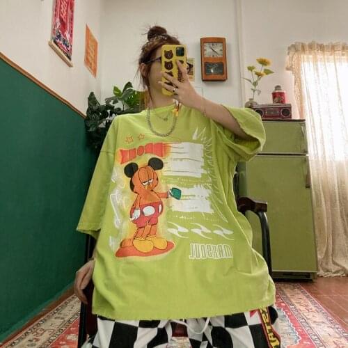 Street hip hop retro cute cartoon print hole loose boyfriend BF large short sleeve T-shirt for men and women tees