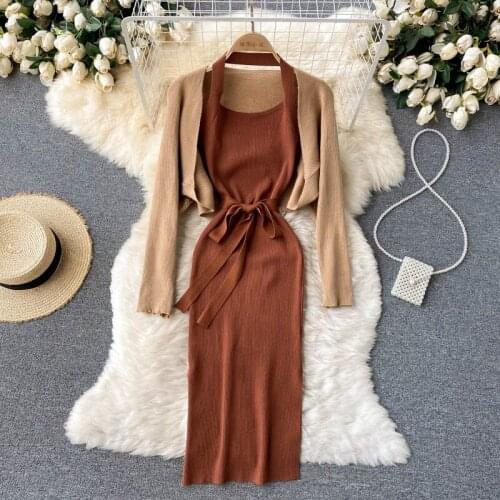 Vintage Knitted 2 Piece Set Women Sweater Cardigan Crop Top + Sexy Halter Bodycon Dress Suits High Quality Two Piece Dress Sets