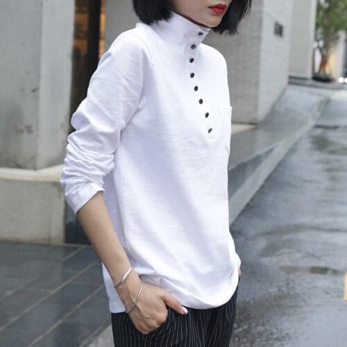 Turtleneck Women Shirt 2021 Spring New Cotton Long Sleeves Loose Bamboo Cotton Solid Color Basic Tops Female YoYiKamomo