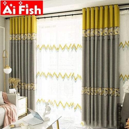 Yellow Grey Stitch Geometric Chenille Blackout Curtains for Living Bedroom Fashion Blue Yellow Wave Bedroom Voile Tulle Drapes#4