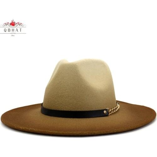 QBHAT Autumn Winter Women Big Brim Felt Jazz Gradient Fedora Hats with Chain Band Classic Panama Party Formal Hat Spray-painted