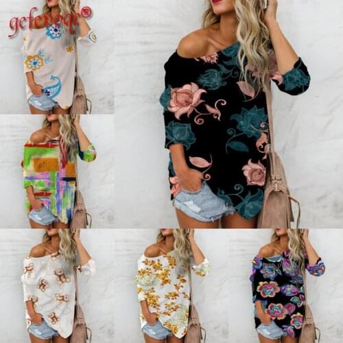 2021 Autumn Womens Skew Collar Elegantes Flowers Printed T-shirt Loose Long Sleeve Harajuku Tops Aesthetic Casual TShirt Femme