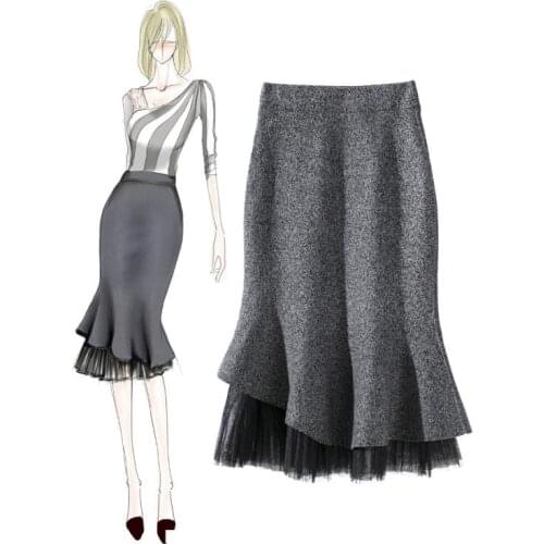 European and American womens wear 2017 The new winter Woollen knitting Net yarn pendulum skirt