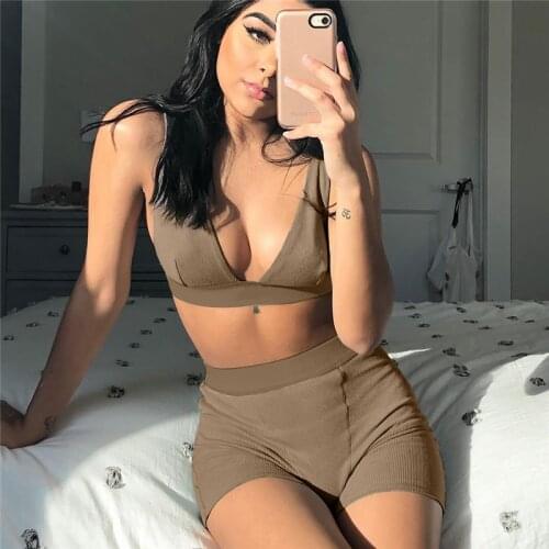 Sleeveless V-Neck Sexy Crop Tank Top Biker Shorts Two Piece Set Summer Women Fashion Streetwear Tracksuit Solid Matching Sets