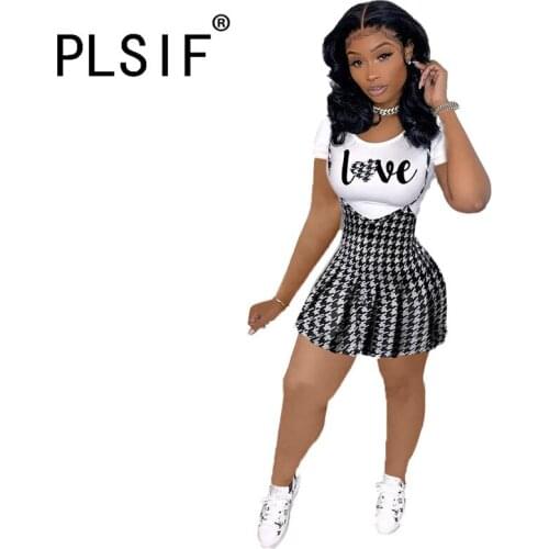 Women Summer Plaid Skirt Set Cute Street Two 2 Piece Sets Active Tracksuit Sporty