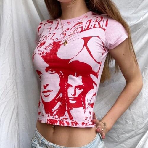 Women Slim Fit Crop Top Adults Ladies Summer Letter Portrait Print Short Sleeve Round Neck T-Shirt Pink Green Black