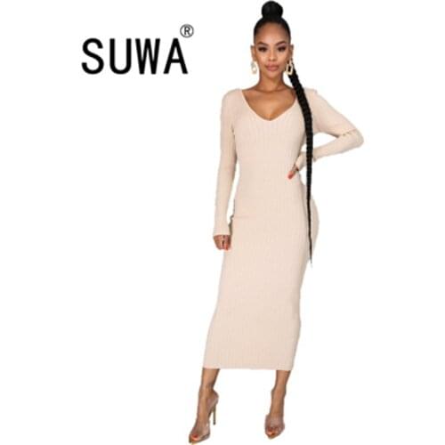 2020 New Product Fall Winter Clothes For Women Deep V Neck Long Sleeve Bodycon Midi Dresses Knit Fashion Streetwear Elegant Robe