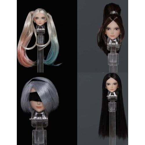 1/12 Scale Beauty Girl Head Sculpt with Hair Cartoon Anime 1:12 Female Soldier Head Carving for 6in Phicen Action Figure Toy