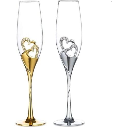 2Pcs Heart Champagne Flutes Wine Glass Creative Bride Groom Wedding Toasting Cups Decor Gifts Set for Engagement Valentines Day