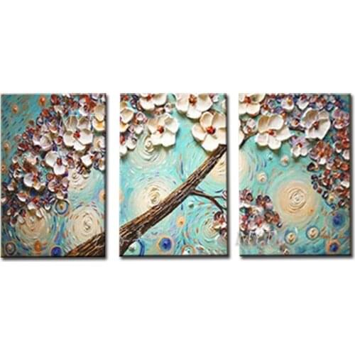 3PCS 100% Handpainted 3D Knife Flowers Wall Art Landscape Oil Painting on Canvas for Living Room Modern Home Office Decor