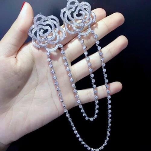 Double flowers with chain brooch 925 sterling silver with cubic zircon camellia or rose flower brooch fine women jewelry