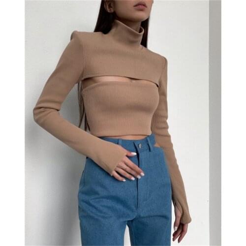 Elegant Solid Color Ribbed Knitted T-shirt Sexy Cut-Out Sweater Women y2k Winter High Neck Long Sleeve Stretch Basic Top Female