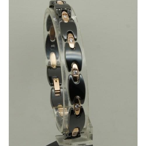 Elegant rose gold plating steel link cz stone scratch proof black magnetic stone ceramic bracelet