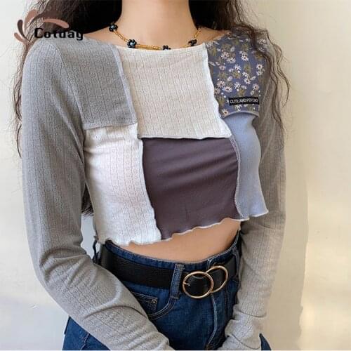 Cotday New Edible Tree Fungus Slim Long Sleeve Patchwork O-Neck Vintage T-shirt Womens Autumn Short Navel Top