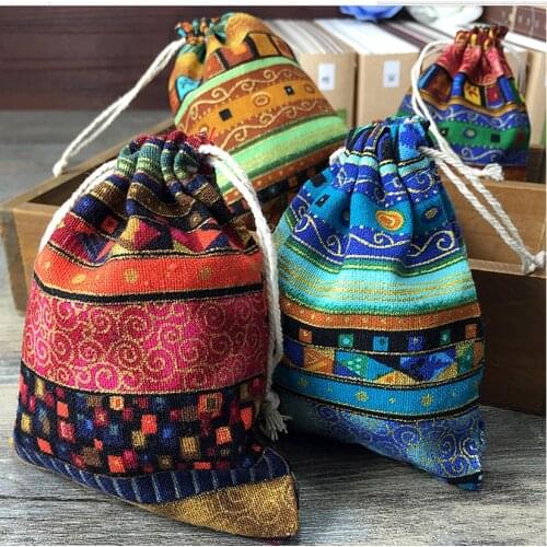 Ethinic Gold Stripe Cotton Gift Pouch 8x10cm 9x12cm 10x15cm 13x17cm pack 50 Wedding Birthday Party Candy Favor Bag