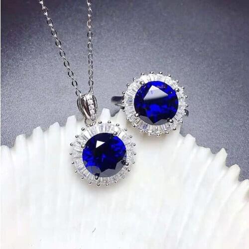 Natural Round Sapphire S925 Sterling Silver Ring Pendant Necklace Set Fine Fashion Weddings Jewelry for Women MeibaPJFS