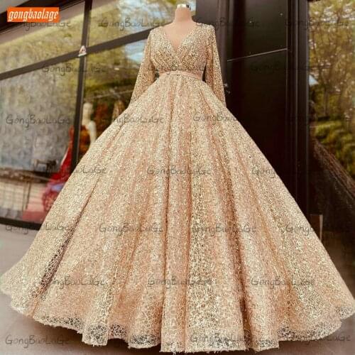 Champagne Lace Prom Gown V Neck Long Sleeves 2021 Vestido De Fiesta De Boda Sexy Party Dresses Women Customized Vestidos De Gala