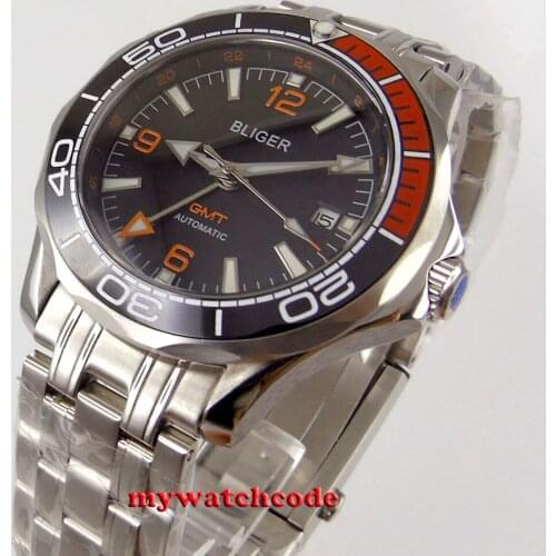 41mm BLIGER Brand Black Dial Auto Sapphire Glass GMT Hand Date Window Mental Band Ceramic Plated Bezel Dress Men Watch