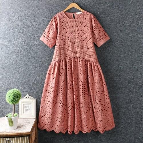 2020 New Summer Art Hipster Cotton Hollow Embroidered Dress round Neck Loose Dress Women Solid Color Dress Mori GIrl