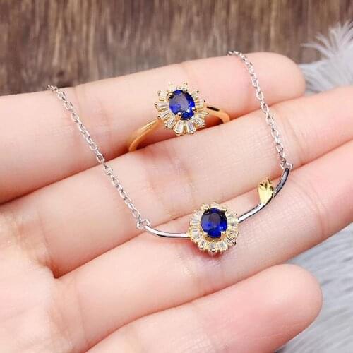 New Design Real Natural Sapphire jewelry set Natural Real Sapphire 925 sterling silver 1pc pendant,1pc ring