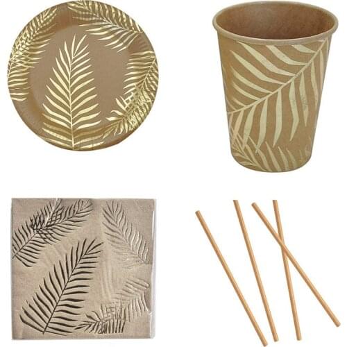 Gold Foil Disposable Tableware Hawaii Tropical Palm Tree Leaves Paper Straw Plates Cups Wedding Birthday Party Decor Supplies