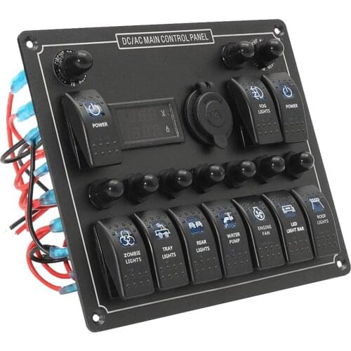 10 Gang Rocker Switch Panel for 12V-24V RV Marine Car - Waterproof Digital