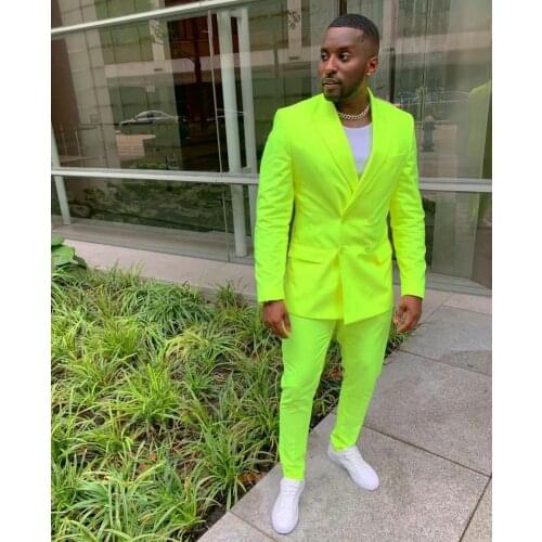 Jacket+Pants) Fluorescent Green Suit Jacket Pant Double Breasted Custom Made Formal Suits Wedding Tuxedos Business Wear
