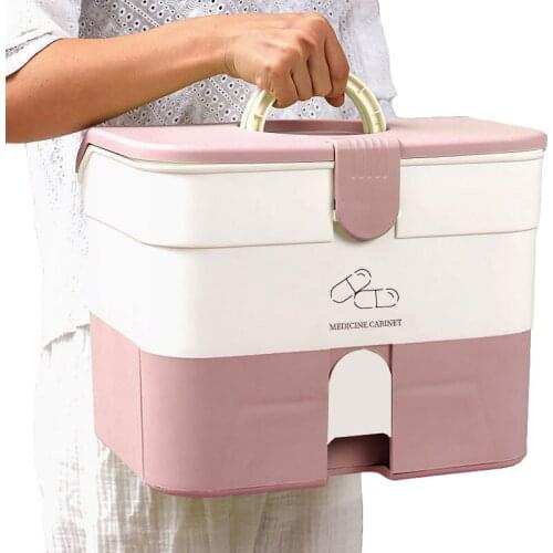 Plastic First Aid Storage Box Container Bin with Removable Tray and Portable Handle Family Emergency Medicine Kit Case Organizer