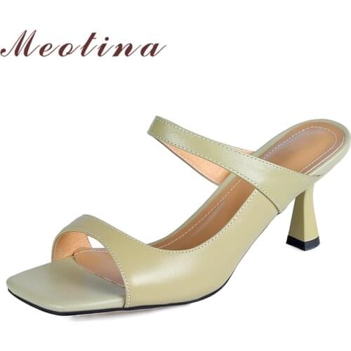 Meotina Women Sandals Genuine Leather Slides Square Toe Thin High Heel Ladies Slippers Summer Shoes Ladies Footwear Beige 40