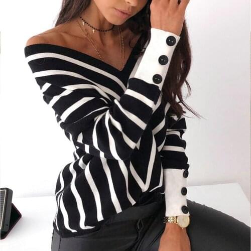 New style off-shoulder striped V-neck sweater, loose long-sleeved bottoming shirt, womens autumn and winter top sweater