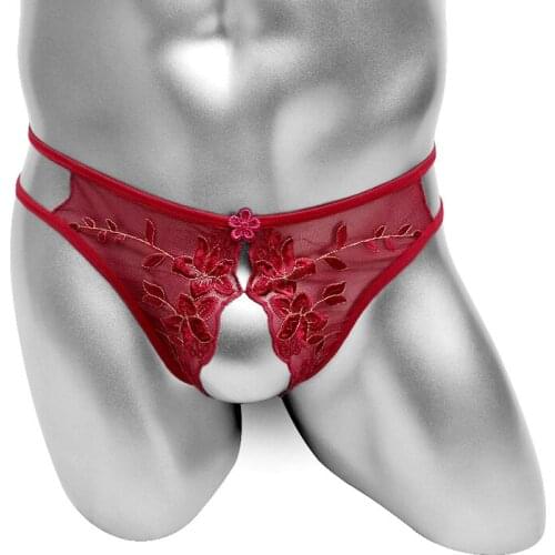 Crotchless Thong Panties For Sissy Mens Underwear With Floral Embroidery Sexy Lingerie Erotic G Strings Male Underpants