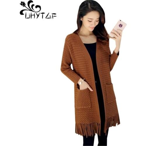 UHYTGF Women Spring Autumn Sweater Coat Fashion Tassel Knitted Cardigan Female jacket Medium Length Loose Plus size Tops 1212