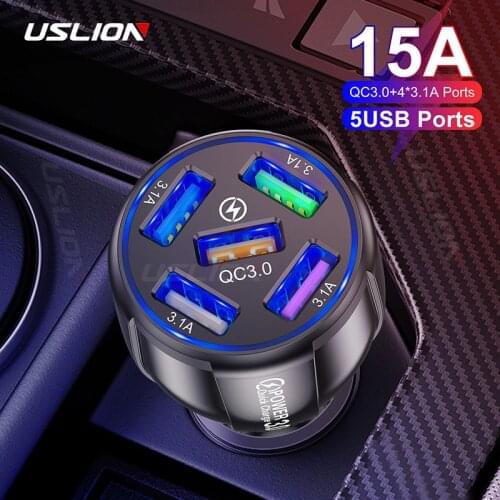 USLION 15A 5 Ports USB Car Charge Quick Mini LED Fast Charging For iPhone 12 Xiaomi Huawei Mobile Phone Charger Adapter in Car