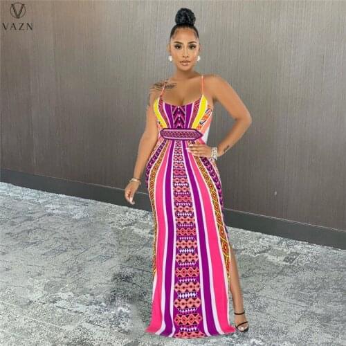 VAZN 2021 Top Quality Long Dress Bohemian Spaghetti Strap Backless Retro Chiffon High Waist Women A-line Maxi Dress