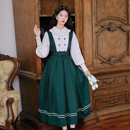 Spring Autumn Clothing 2021Literary Doll Big Swing Skirts Wild Preppy Style Lotus Leaf Collar Long Sleeve Skirt Female With Belt