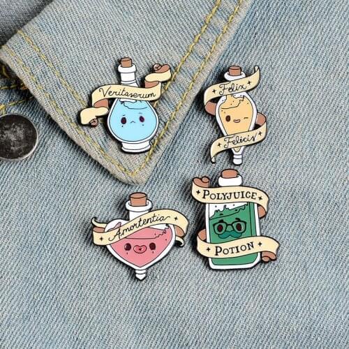 Magic Perfume bottle Enamel Brooch Love potion Lapel Pin Cartoon medicine bottle Silk ribbon words Badge jewelry gift female
