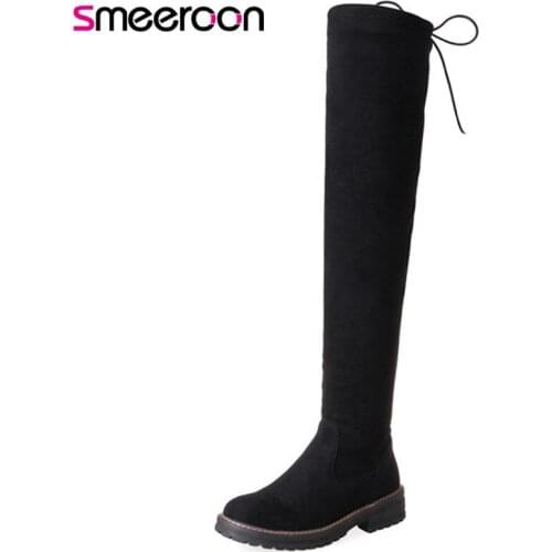 Smeeroon new round toe slip on med heels knee high boots autumn winter boots women boots party shoes big size 33-43