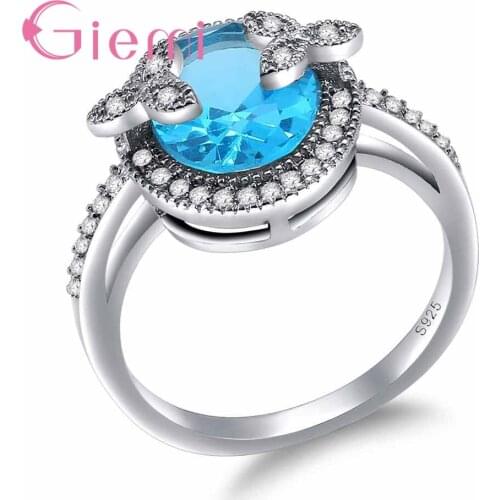 Top Quality Free Shipping Lovely Beautiful Ocean Blue Round Crystal Ring Wedding Accessories 925 Sterling Silver