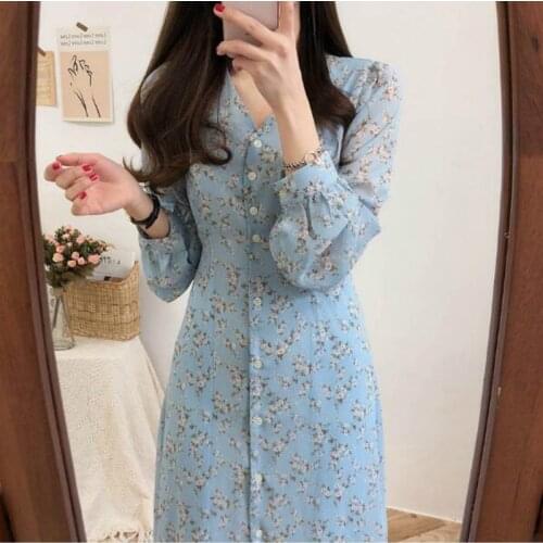 Elegant V Neck Full Sleeve Dress Women Floral Print Sweet Chiffon Dresses Single Breasted Casual Fashion Vestido