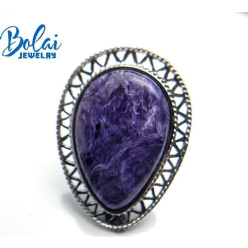 Bolaijewelry,natural big size charoite pear gemstone 925 sterling silver unisex Rings fine jewelry for lady anniversary gift