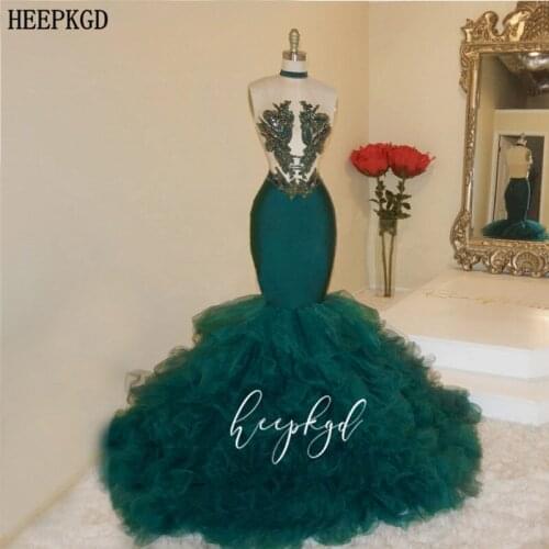 Exquisite Beading Green See Through Evening Dress High Neck Backless Ruffles Tulle Sexy Special Occasion Dresses Plus Size Gowns