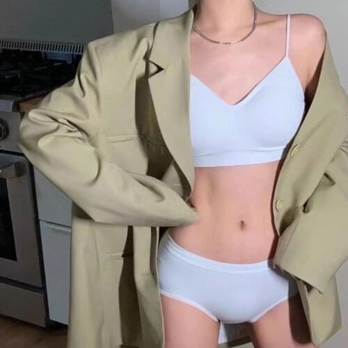 Women Bra Set 2PCS Sexy Brassiere Female Bralette + Mid Waist Panties Underwear Lingerie Basic Stretchy Ribbed Tank Crop Top